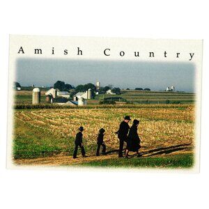 Amish Country Scenic Postcard With Family Walking On Farmland Church Religion